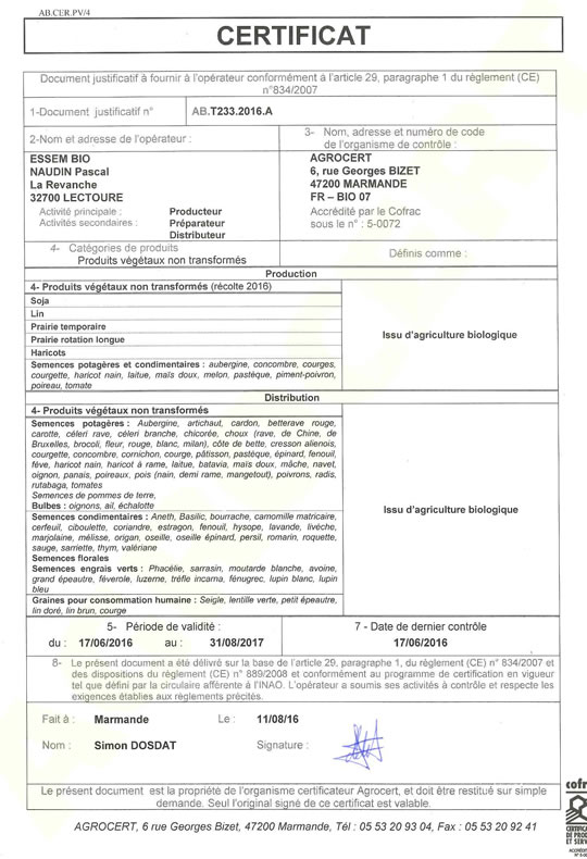 Certificat BIO 2017 - 2018